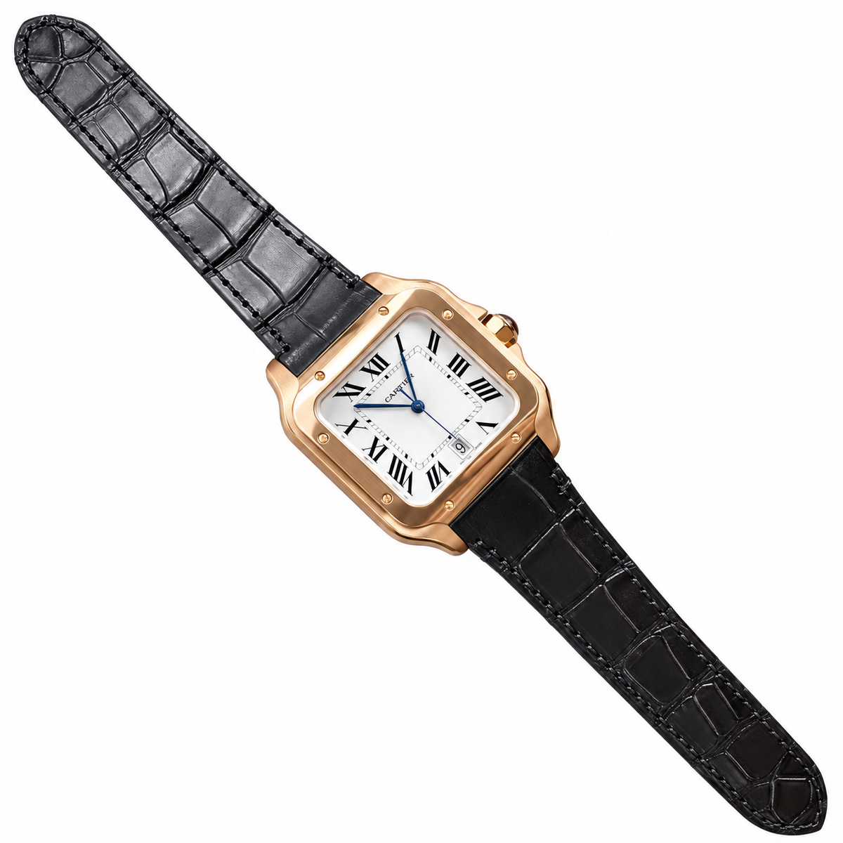 Cartier Santos de Cartier Large Rose Gold PVD Stainless Steel White Dial Roman Numeral Grey Alligator Strap Automatic Watch