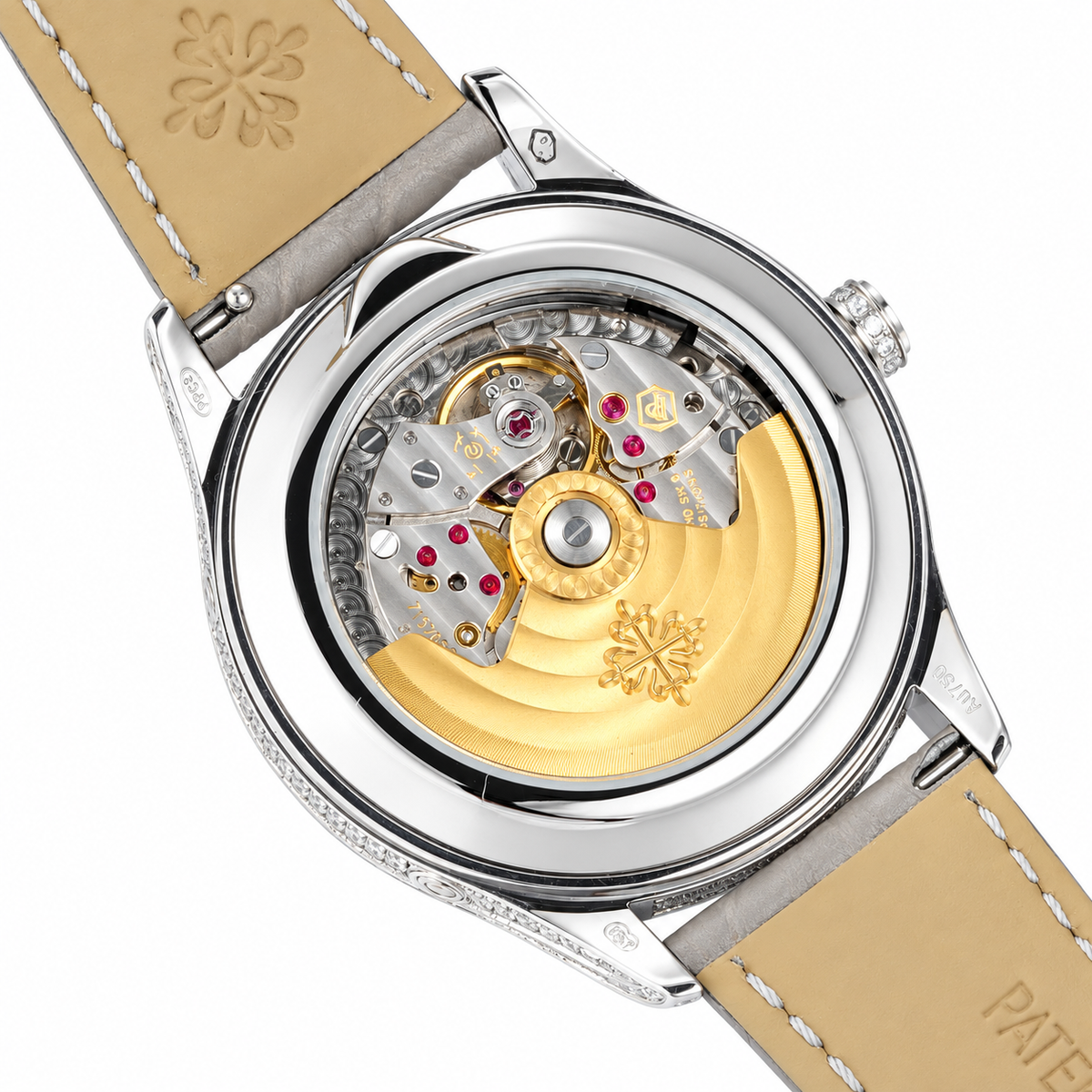 Patek Philippe Ladies Complications White Gold Full Diamond Bezel Lugs White MOP Dial Arabic Numerals Annual Calendar Moon Phase Date Grey Strap 38mm