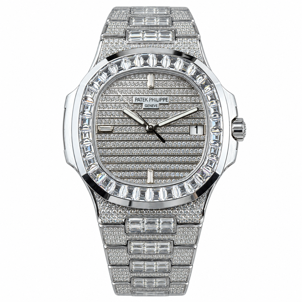 Patek Philippe Nautilus Iced Out Full Diamond Steel Baguette Bezel 40mm