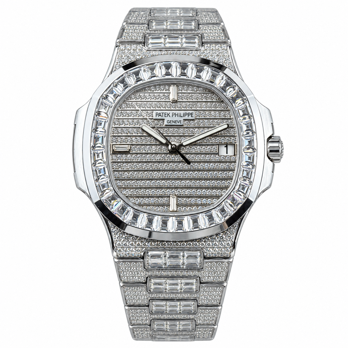 Patek Philippe Nautilus Iced Out Full Diamond Steel Baguette Bezel 40mm