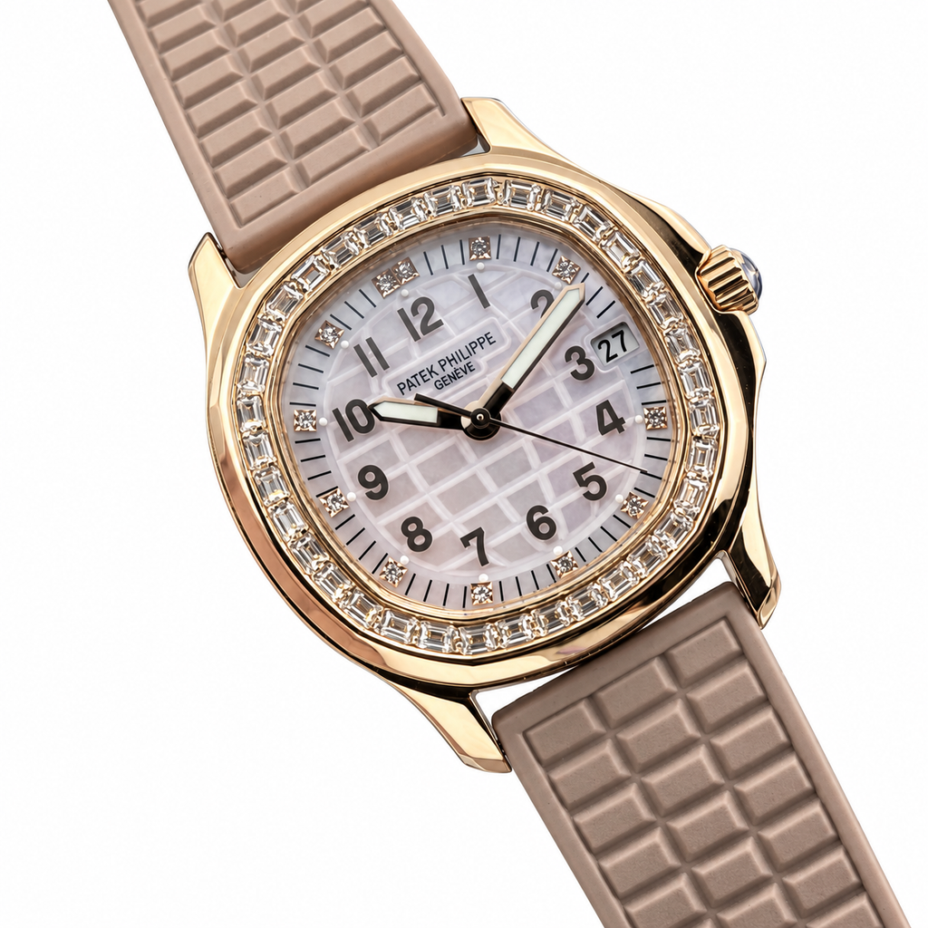 Patek Philippe Aquanaut Luce Rose Gold Diamond Bezel White MOP Beige Strap 44mm