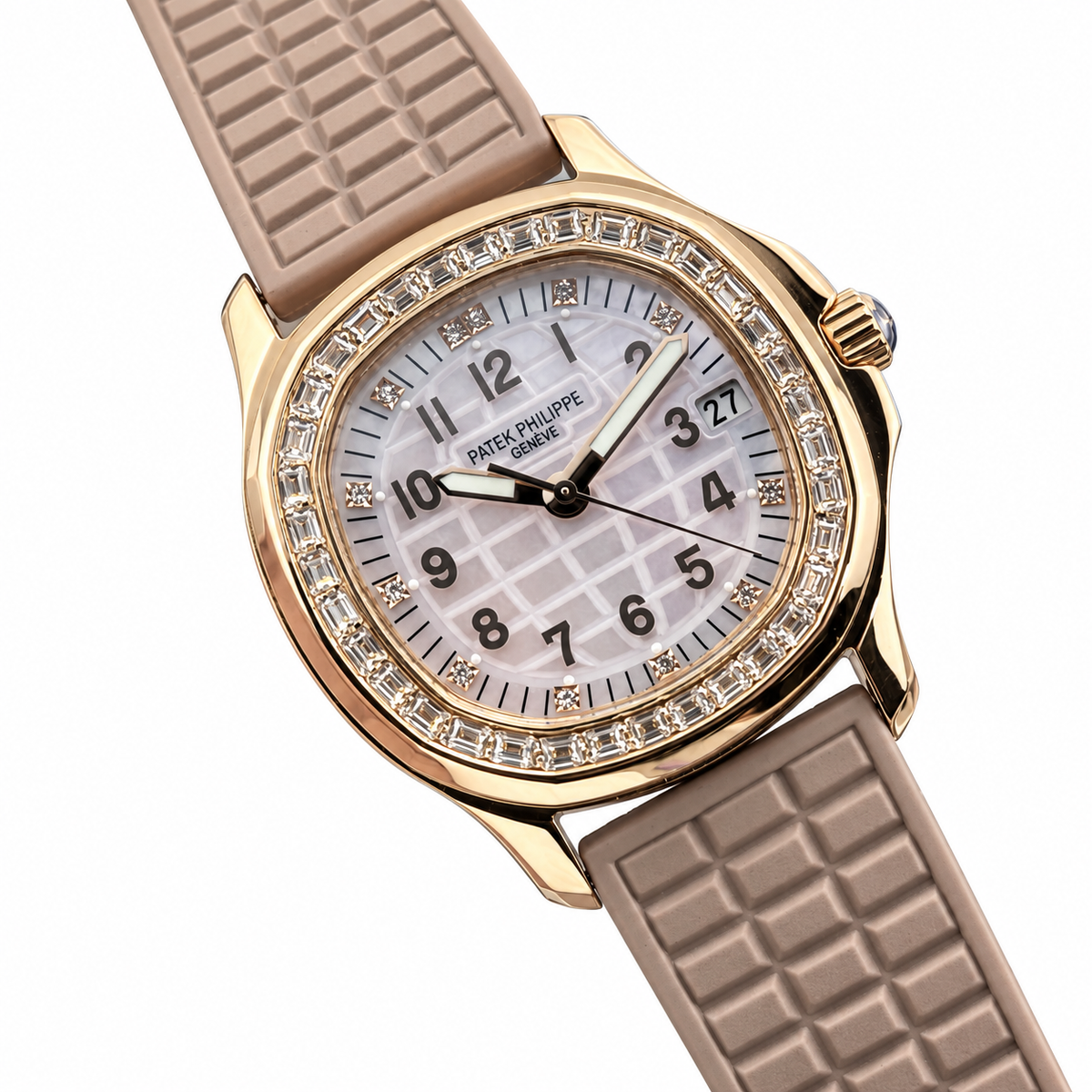 Patek Philippe Aquanaut Luce Rose Gold Diamond Bezel White MOP Beige Strap 44mm