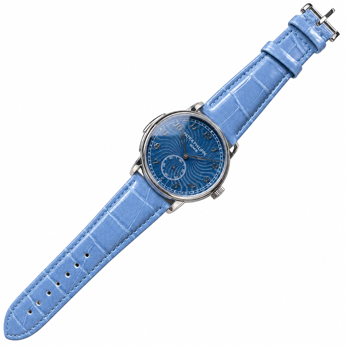 Patek Philippe Calatrava White Gold Blue Guilloché Enamel Dial Arabic Numerals Small Seconds Blue Strap 40mm