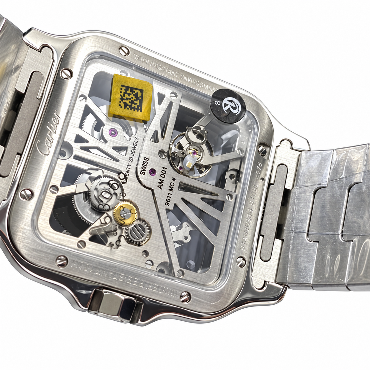 Cartier Santos de Cartier Large Stainless Steel Skeleton Green Roman Numeral Steel Bracelet Automatic Watch