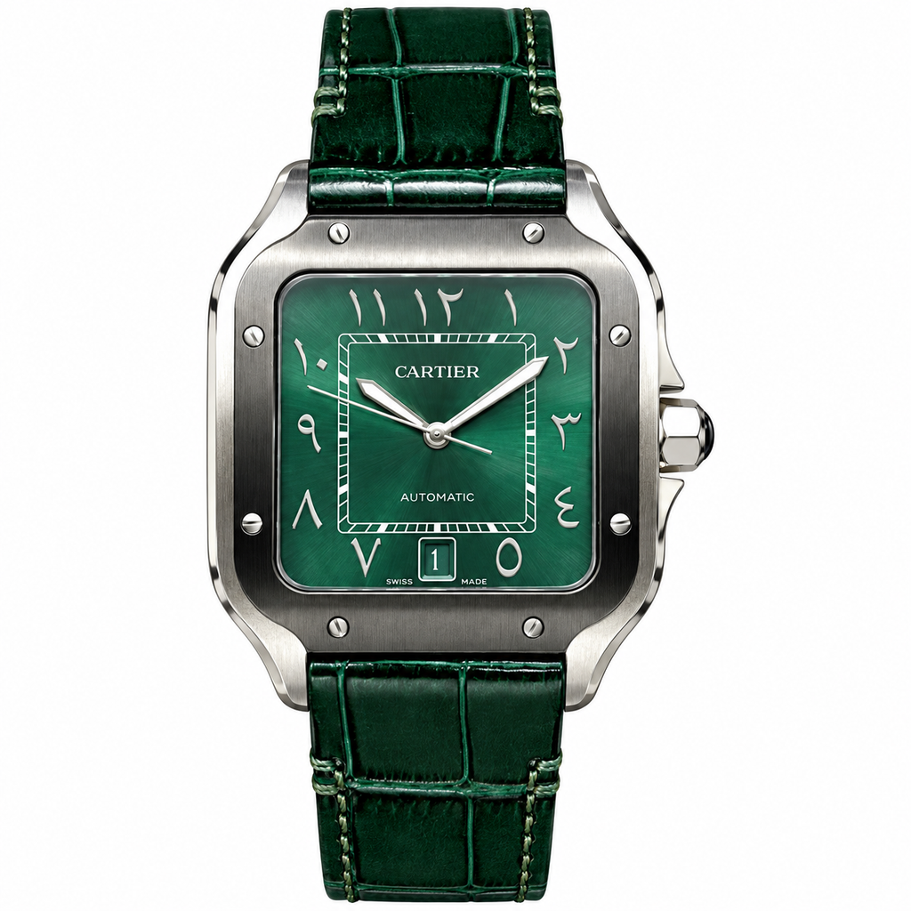 Cartier Santos de Cartier Large Stainless Steel Green Dial Arabic Numeral Green Alligator Strap Automatic Watch