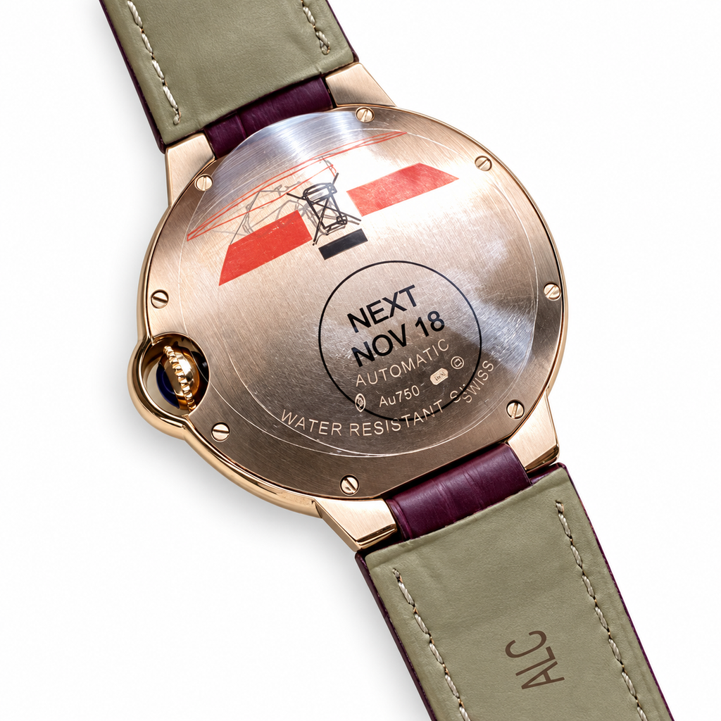 Cartier Ballon Bleu Rose Gold Diamond Bezel Silver Dial Purple Alligator Watch