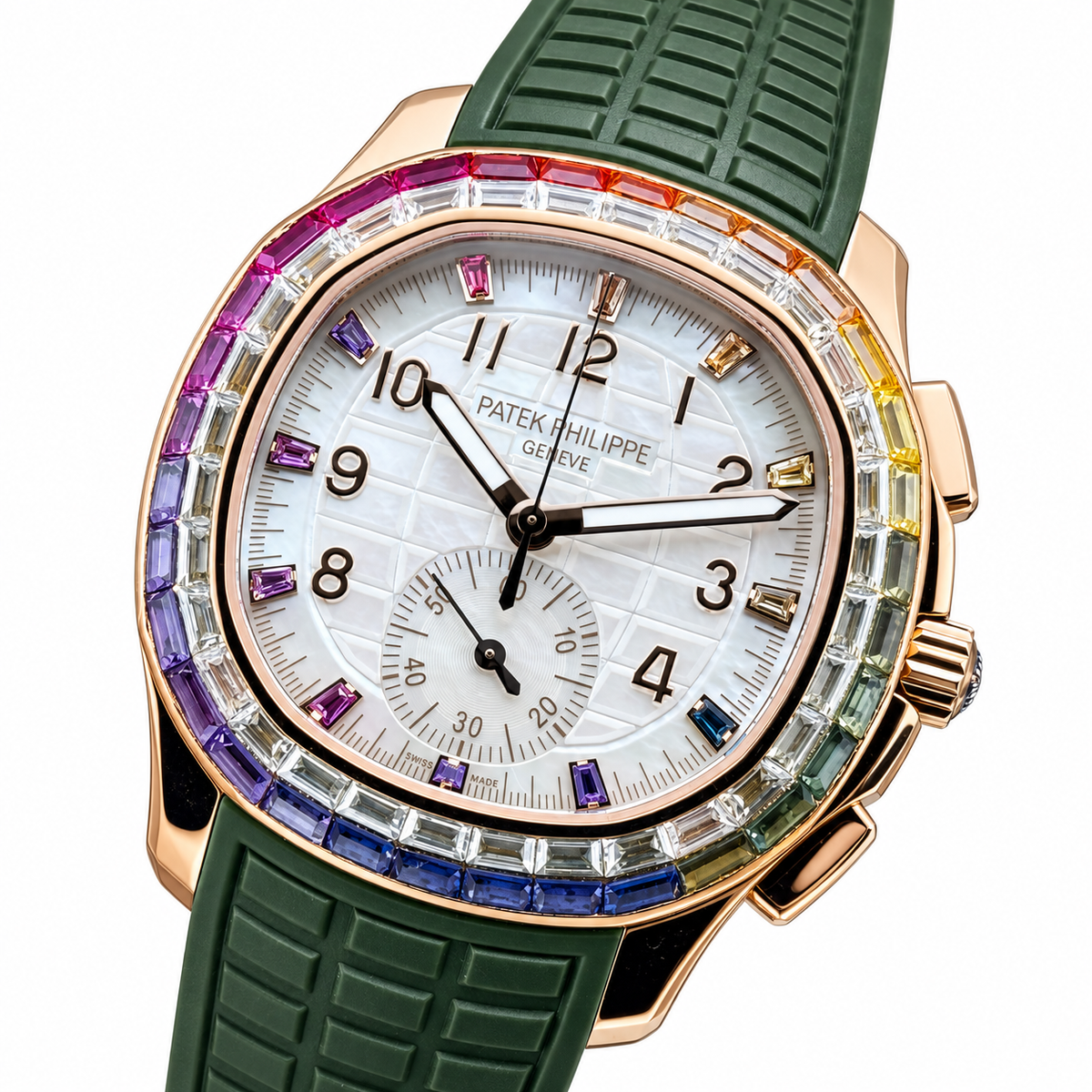 Patek Philippe Aquanaut Chronograph Rose Gold Rainbow Sapphire White MOP Forest Green Strap 39.9mm