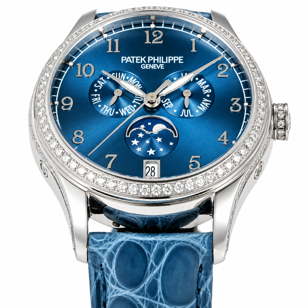 Patek Philippe Ladies Complications White Gold Round Diamond Bezel Blue Dial Arabic Numerals Annual Calendar Moon Phase Date Blue Strap 38mm