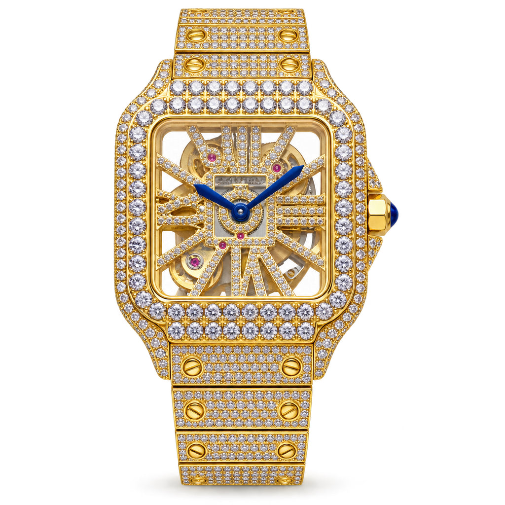 Cartier Santos de Cartier Skeleton Iced Out Yellow Gold Full Pavé Diamond Bracelet Watch
