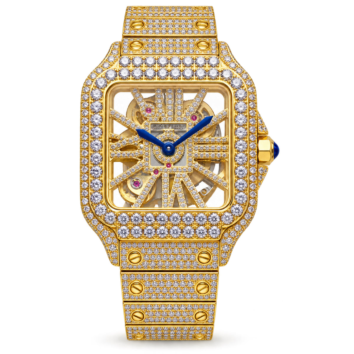 Cartier Santos de Cartier Skeleton Iced Out Yellow Gold Full Pavé Diamond Bracelet Watch