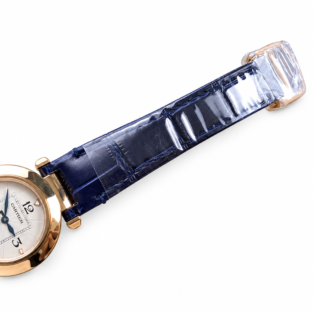 Cartier Pasha de Cartier 30mm 18k Rose Gold White Dial Blue Alligator Strap Quartz Watch