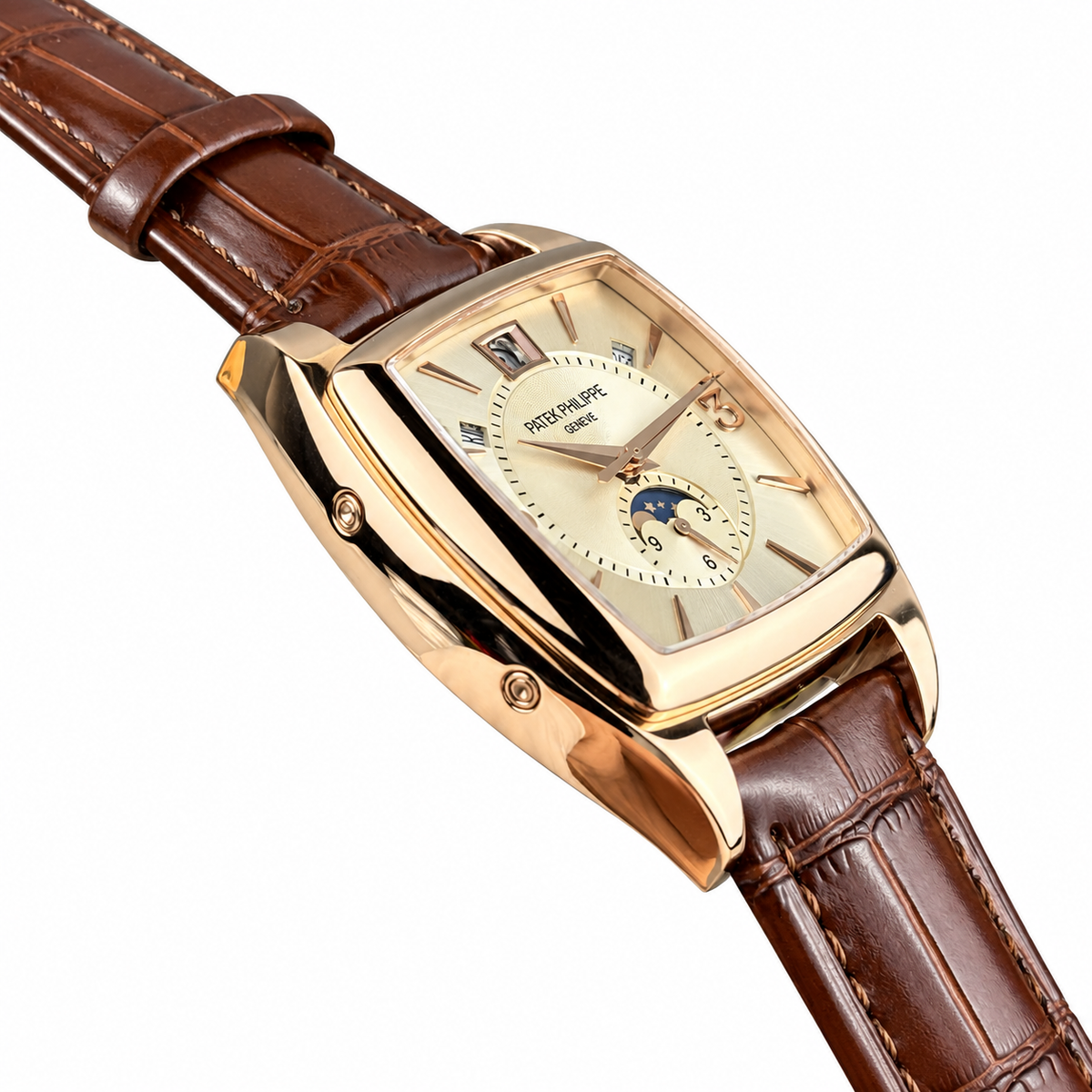 Patek Philippe Gondolo Cushion Rose Gold Annual Calendar Moon Phase Small Seconds Ivory Dial Brown Strap 34mm