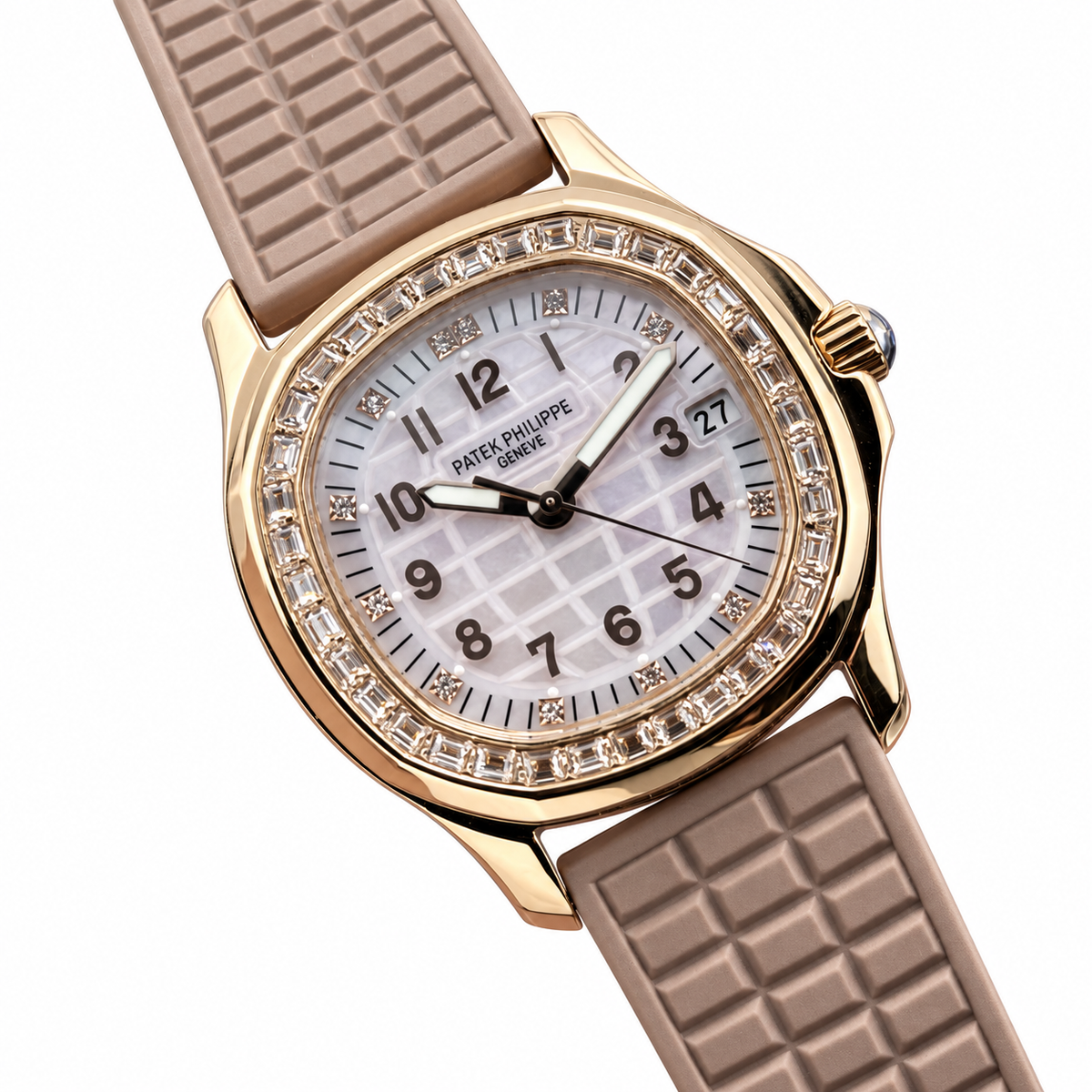 Patek Philippe Aquanaut Luce Rose Gold Diamond Bezel White MOP Beige Strap 44mm