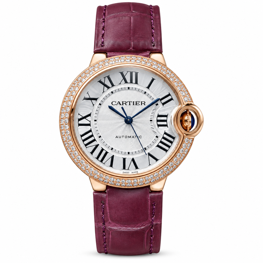 Cartier Ballon Bleu Rose Gold Diamond Bezel Silver Dial Purple Alligator Watch
