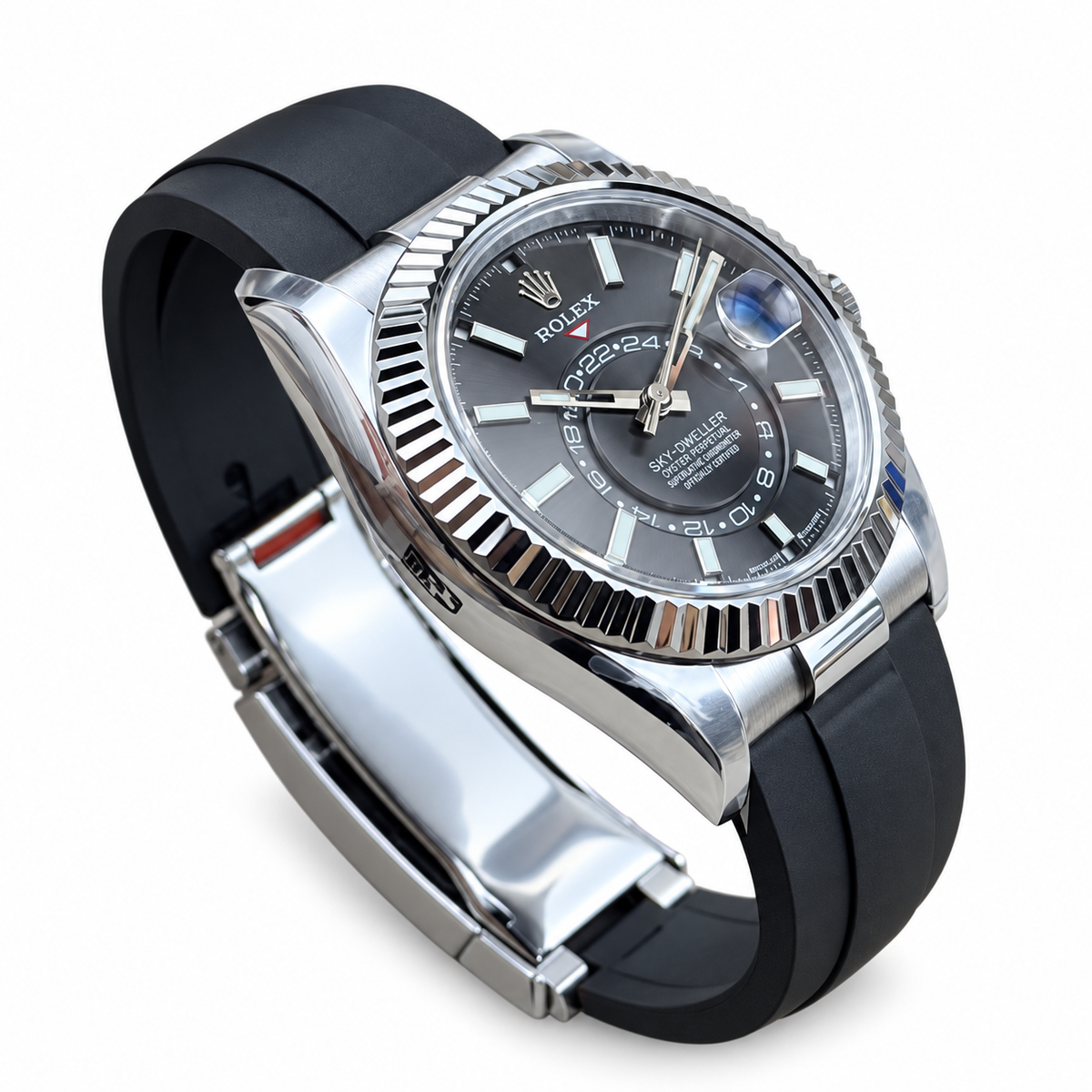 Rolex Sky-Dweller Oystersteel White Gold Fluted Bezel Black Dial Oysterflex Watch