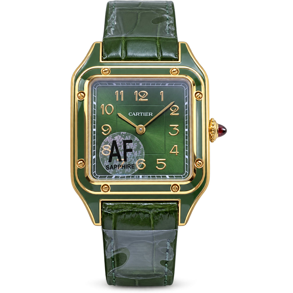 Cartier Santos-Dumont Yellow Gold PVD Green Lacquer Dial Green Alligator Strap Quartz Watch