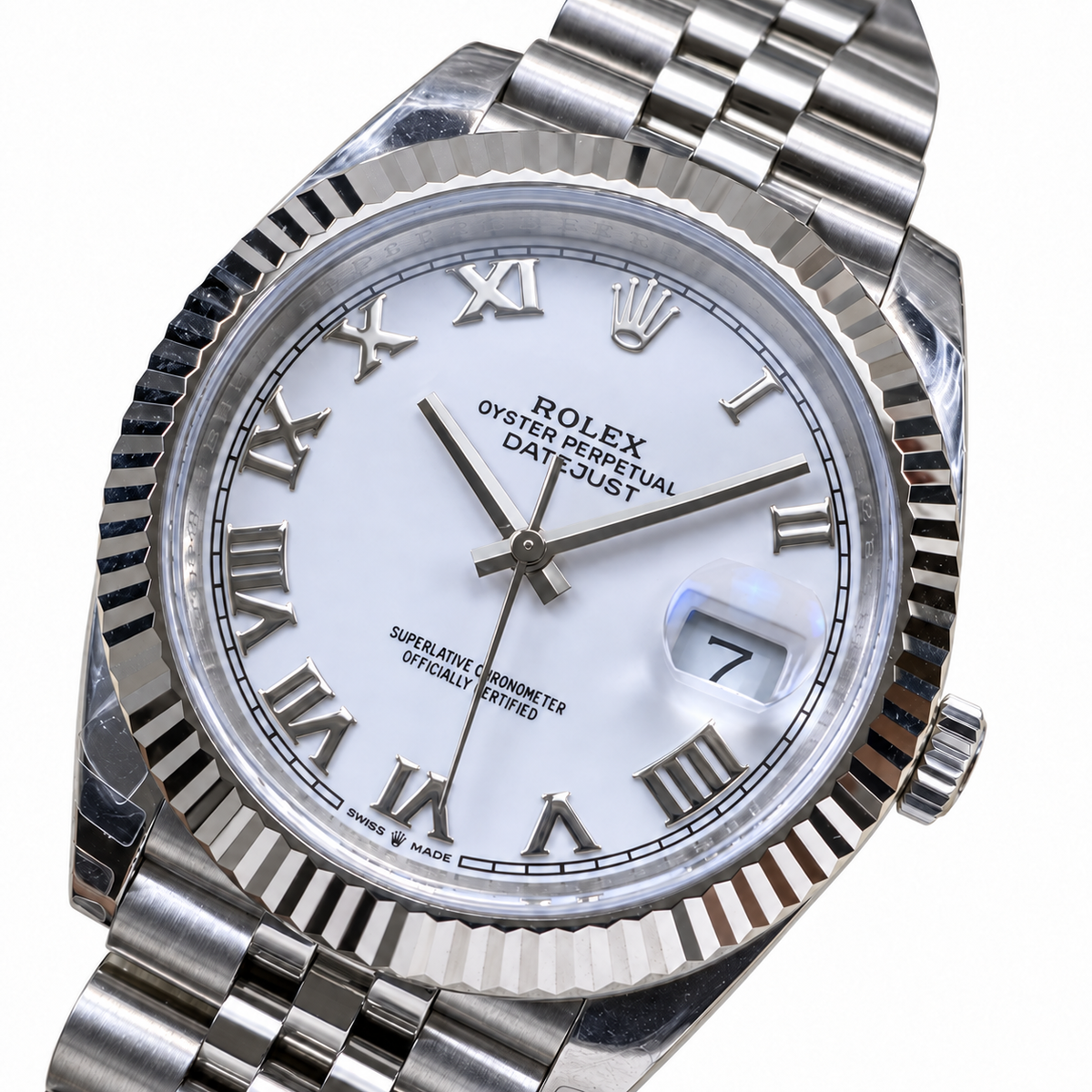 Rolex Datejust 41mm White Roman Dial Fluted Bezel Jubilee Bracelet Oystersteel