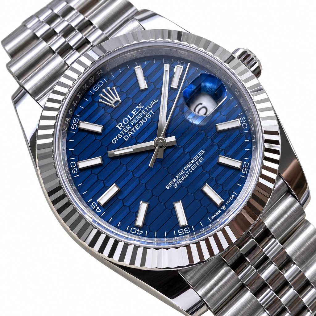 Rolex Datejust 41 Oystersteel White Gold Fluted Bezel Blue Motif Dial Jubilee Bracelet Watch