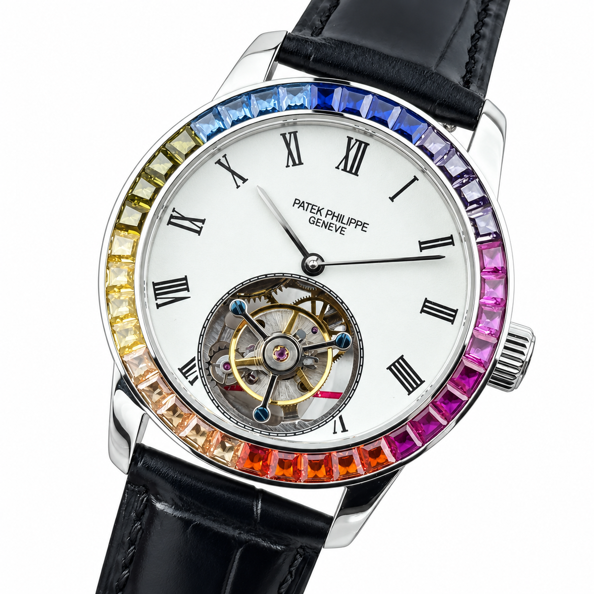 Patek Philippe Calatrava Tourbillon Rainbow Sapphire White Enamel Dial 42mm