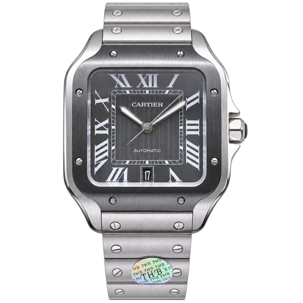 Cartier Santos de Cartier Large Stainless Steel Grey Dial Roman Numeral Steel Bracelet Automatic Watch