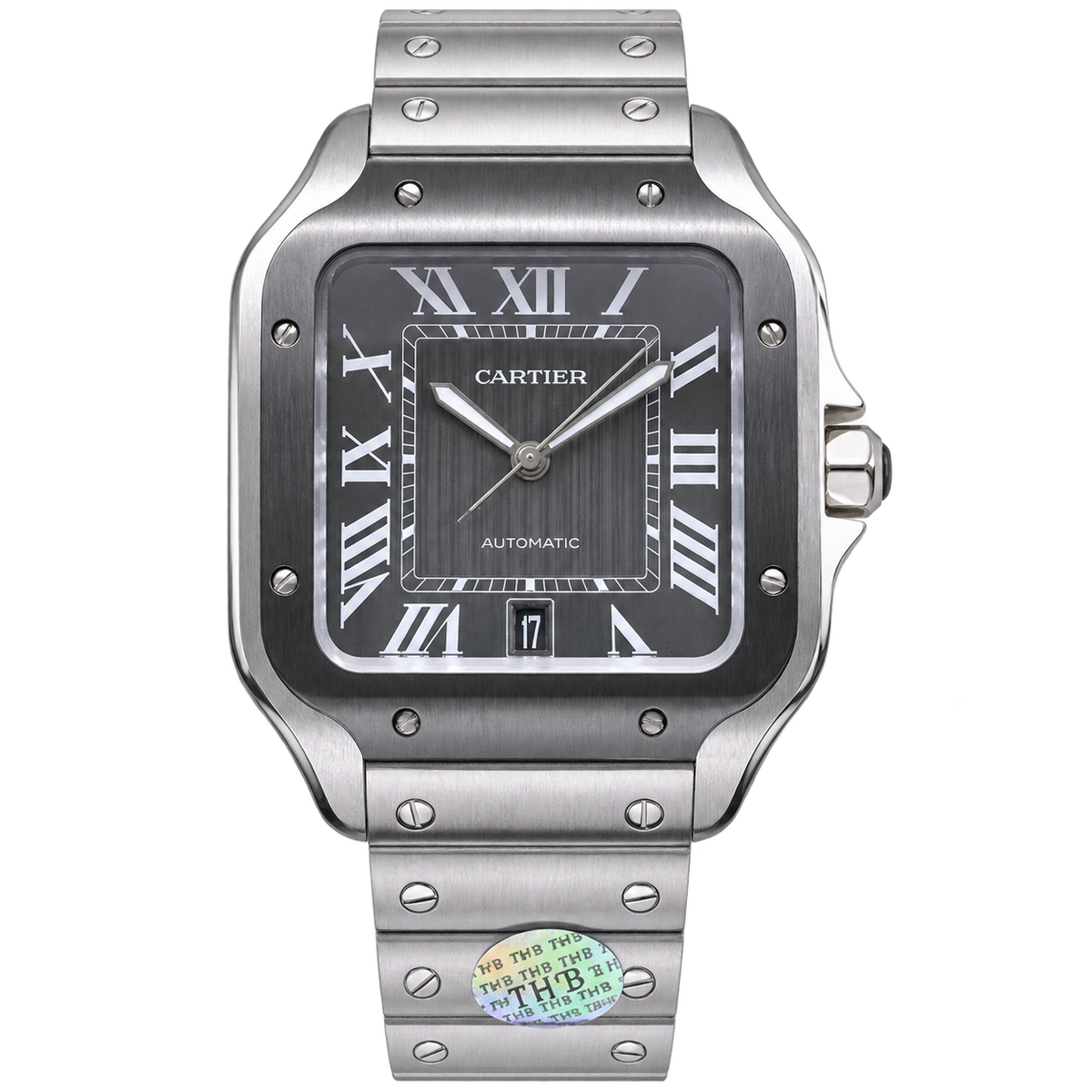 Cartier Santos de Cartier Large Stainless Steel Grey Dial Roman Numeral Steel Bracelet Automatic Watch