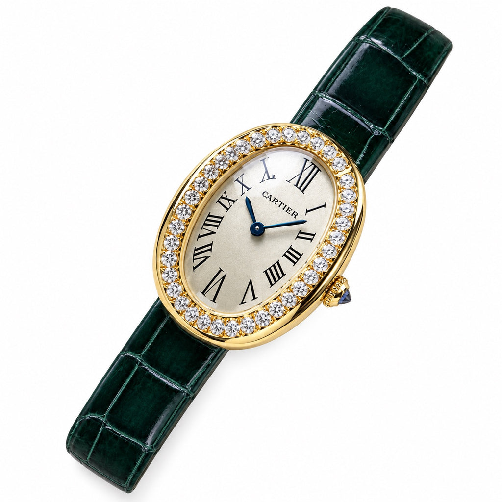 Cartier Baignoire Diamond Yellow Gold Green Alligator Watch