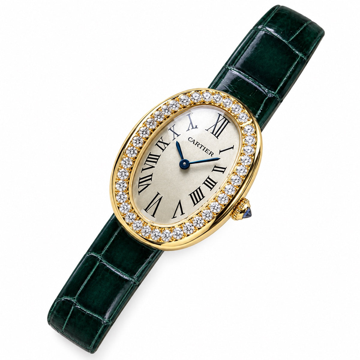 Cartier Baignoire Diamond Yellow Gold Green Alligator Watch