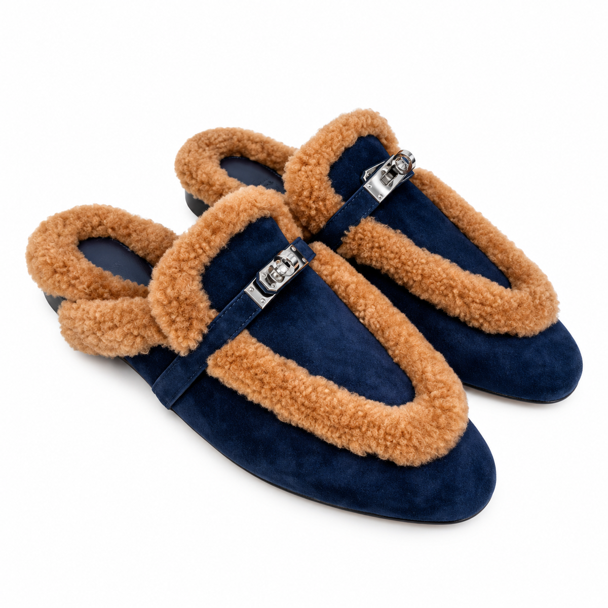Hermès Navy Mules with Plush Trim & Silver-Tone Hardware