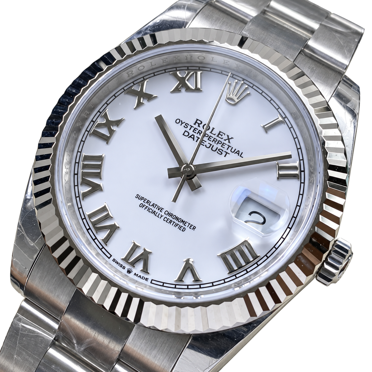 Rolex Datejust White Roman Numeral Dial Fluted Bezel Oyster Bracelet Oystersteel
