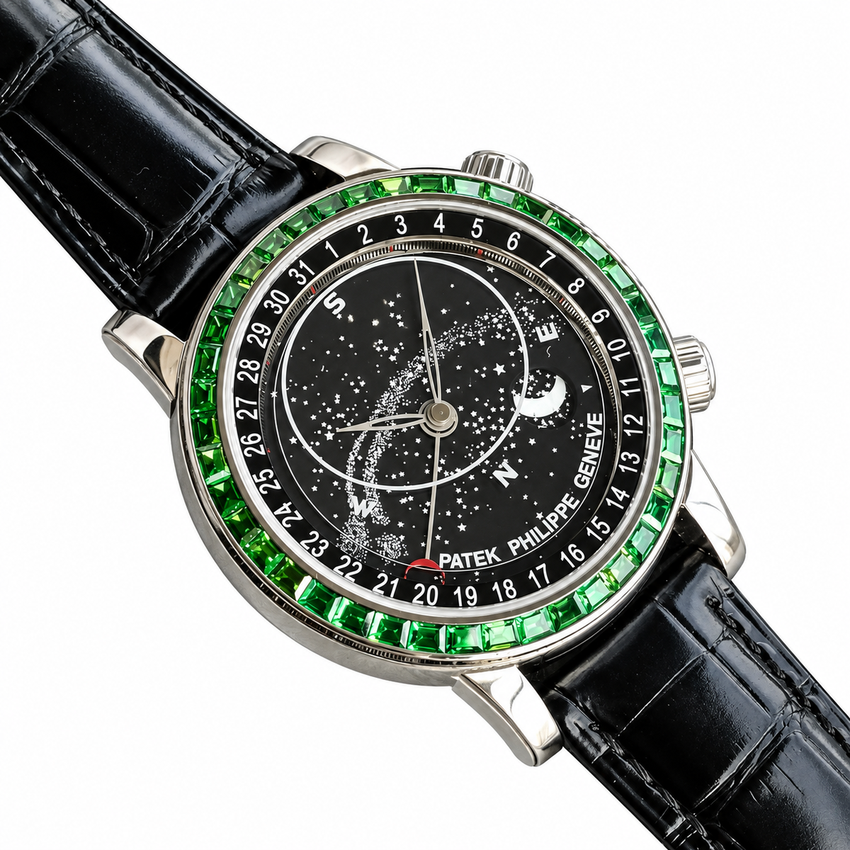 Patek Philippe Celestial White Gold Emerald Bezel Black Star Dial Moon Phase 44mm