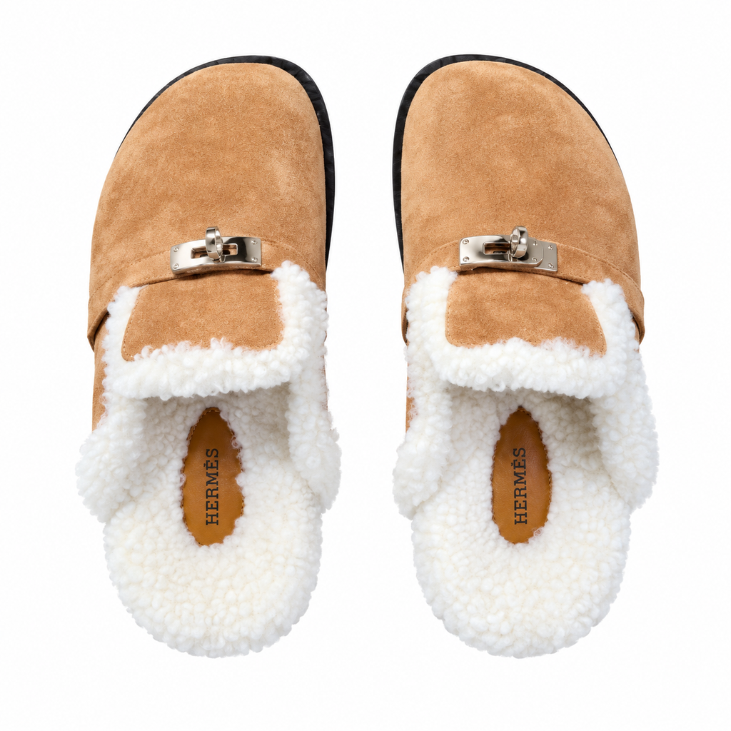 Hermès Camel Mule Shoes with Cream Plush Trim