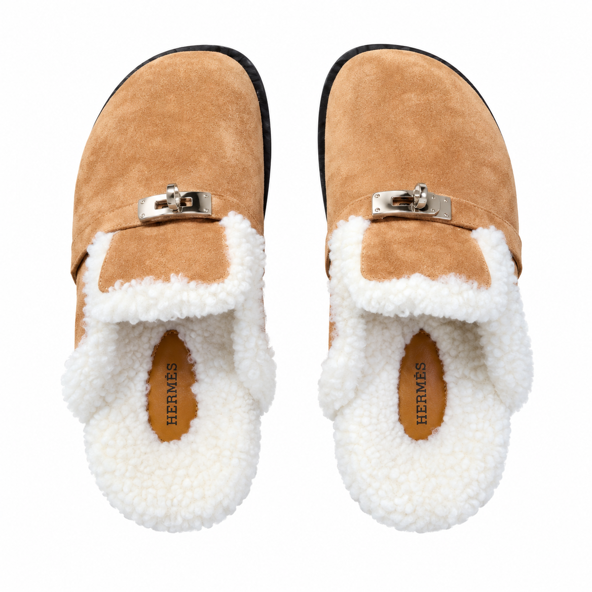 Hermès Camel Mule Shoes with Cream Plush Trim