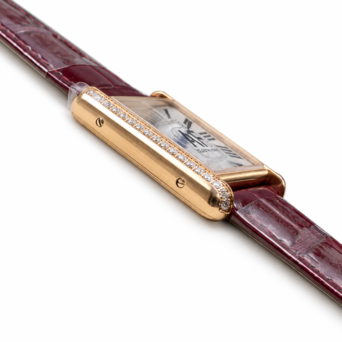 Cartier Tank Diamond Yellow Gold Burgundy Alligator Watch