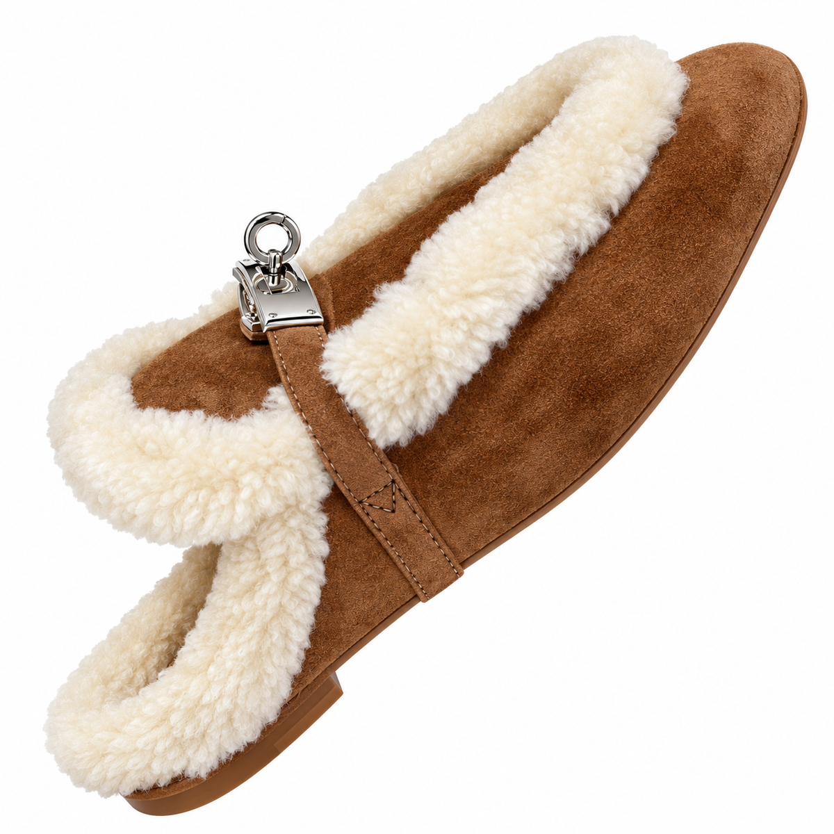 Hermès Tan Mules with Cream Plush Trim & Silver-Tone Hardware