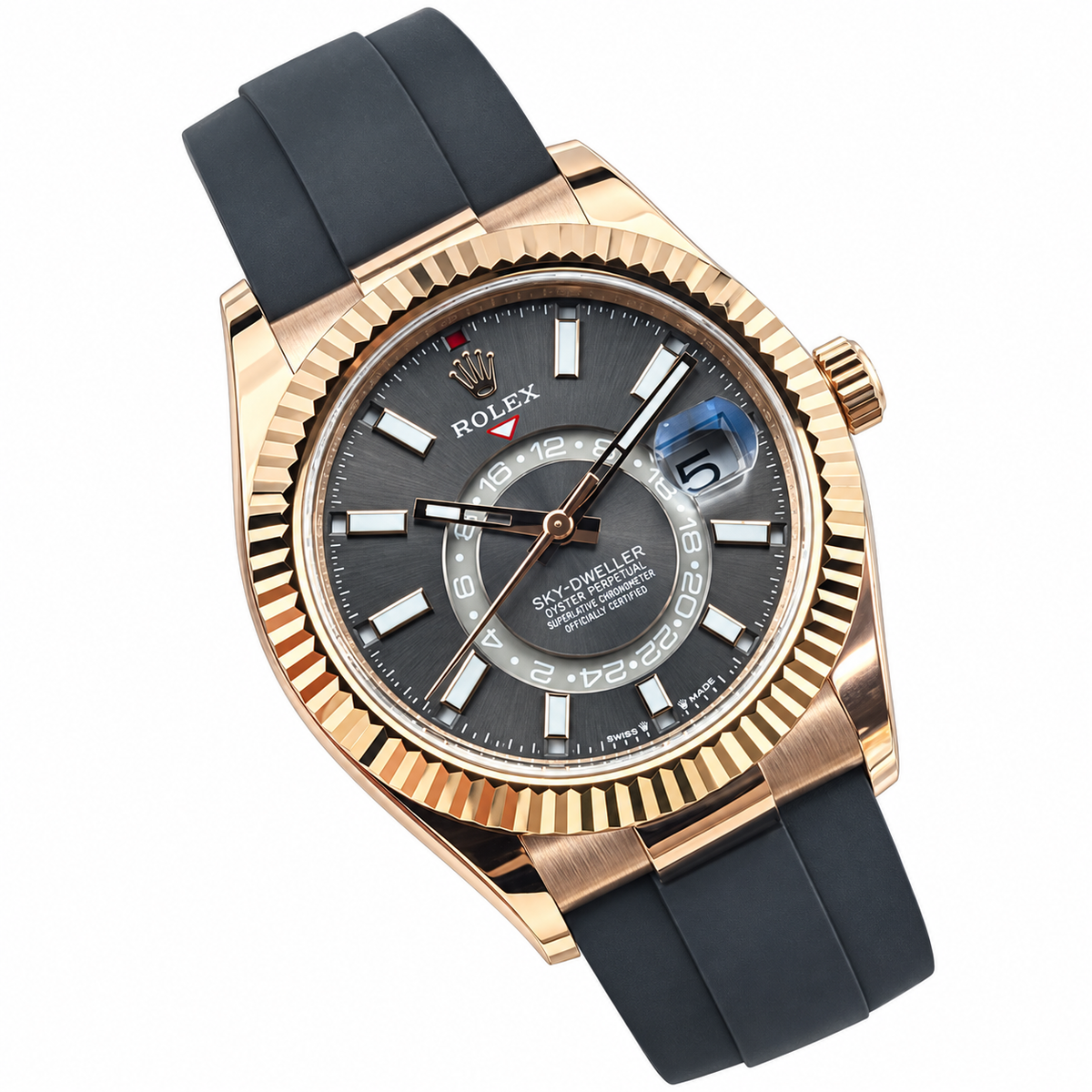 Rolex Sky-Dweller Everose Gold Fluted Bezel Slate Dial Oysterflex Watch
