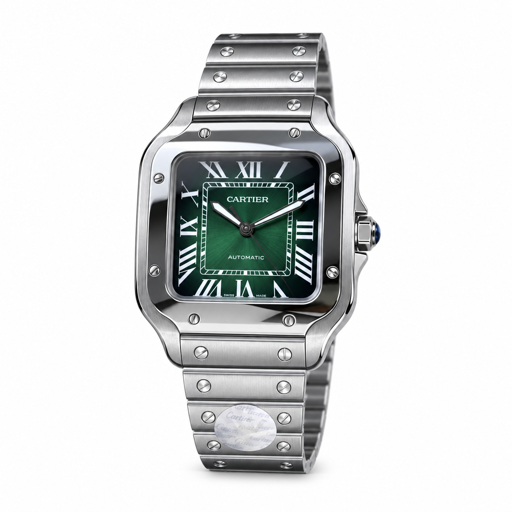 Cartier Santos de Cartier Large Stainless Steel Green Dial Roman Numeral Steel Bracelet Automatic Watch
