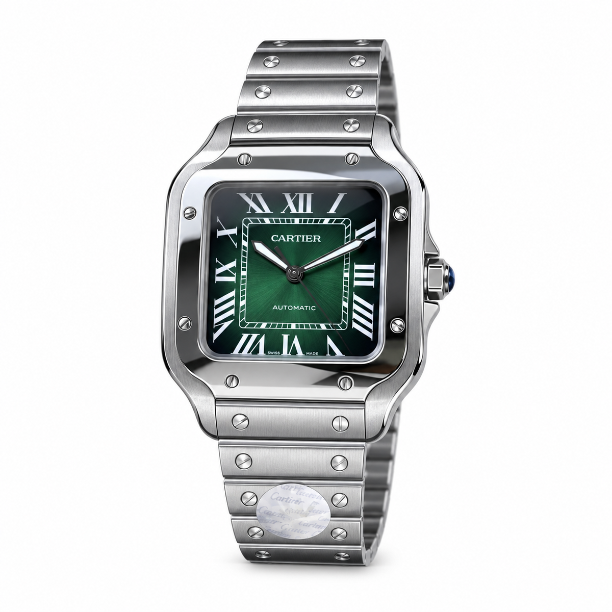 Cartier Santos de Cartier Large Stainless Steel Green Dial Roman Numeral Steel Bracelet Automatic Watch
