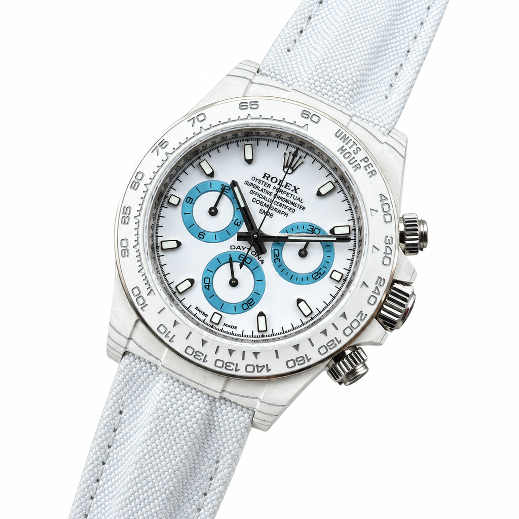 Rolex Daytona White Dial Blue Subdials Canvas Strap