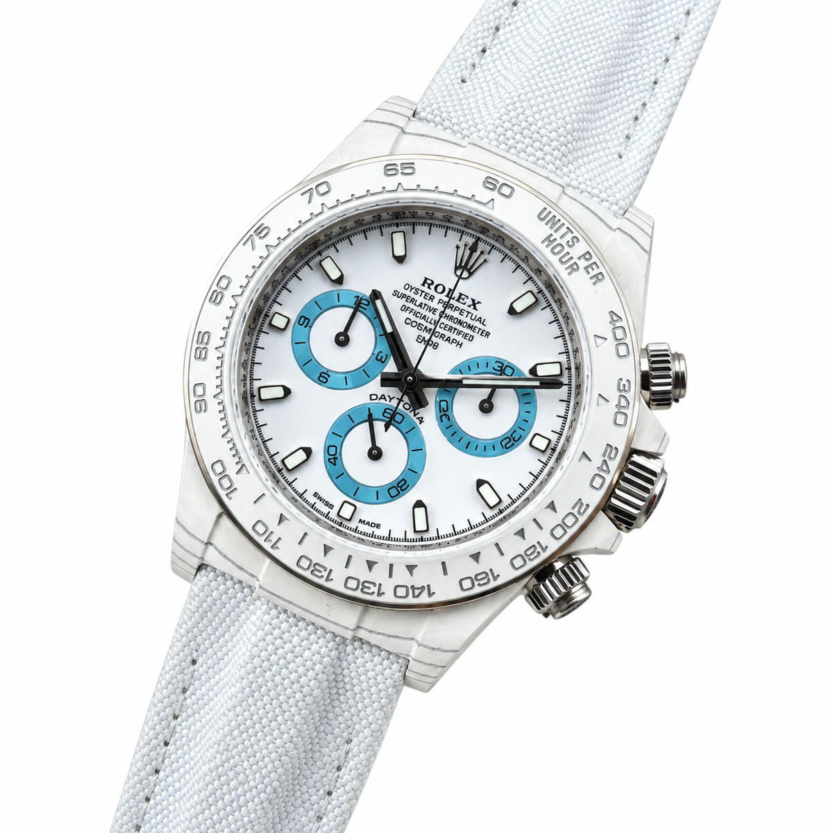 Rolex Daytona White Dial Blue Subdials Canvas Strap