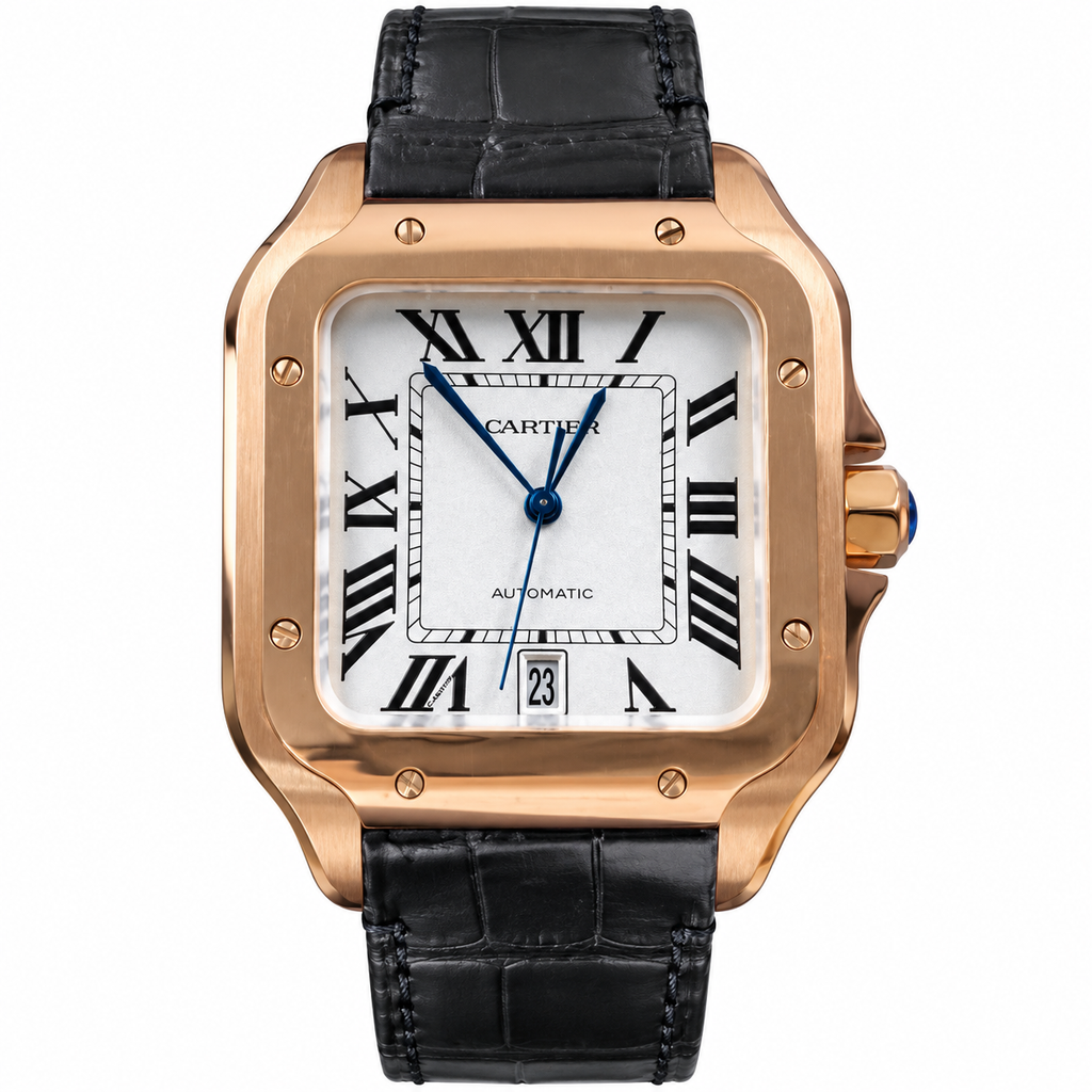 Cartier Santos de Cartier Large Rose Gold PVD Stainless Steel White Dial Roman Numeral Grey Alligator Strap Automatic Watch