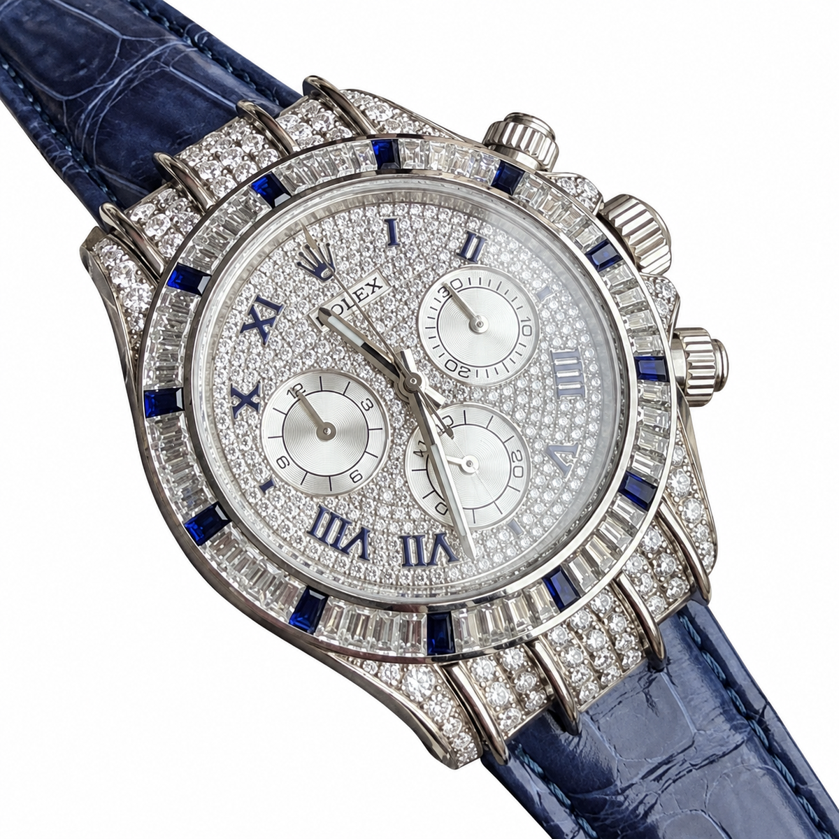 Rolex Cosmograph Daytona White Gold Diamond Pavé Blue Sapphire Bezel Blue Alligator Watch