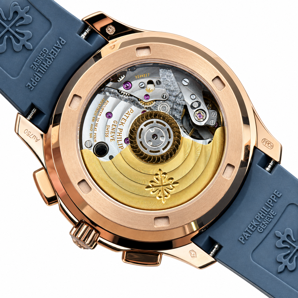 Patek Philippe Aquanaut Chronograph Rose Gold Rainbow Sapphire White MOP Navy Blue Strap 39.9mm