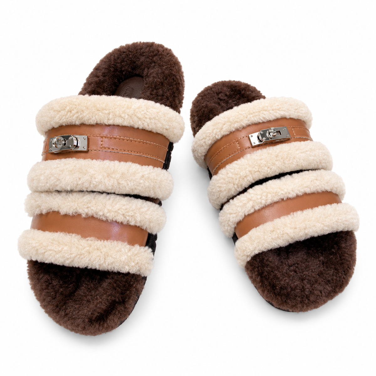 Hermès Cream Plush Slide Sandals with Tan Double Straps