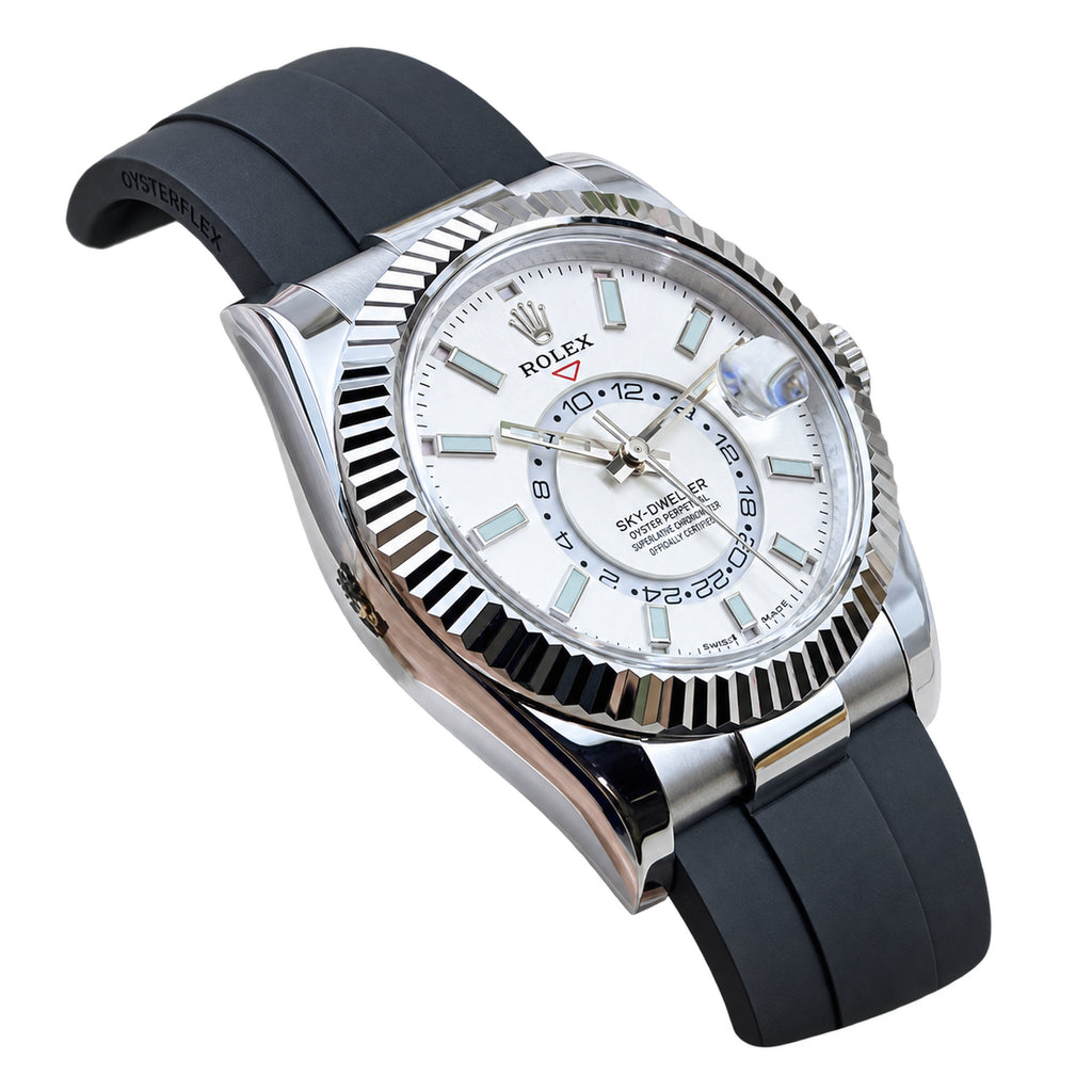 Rolex Sky-Dweller Oystersteel White Gold Fluted Bezel White Dial Oysterflex Watch