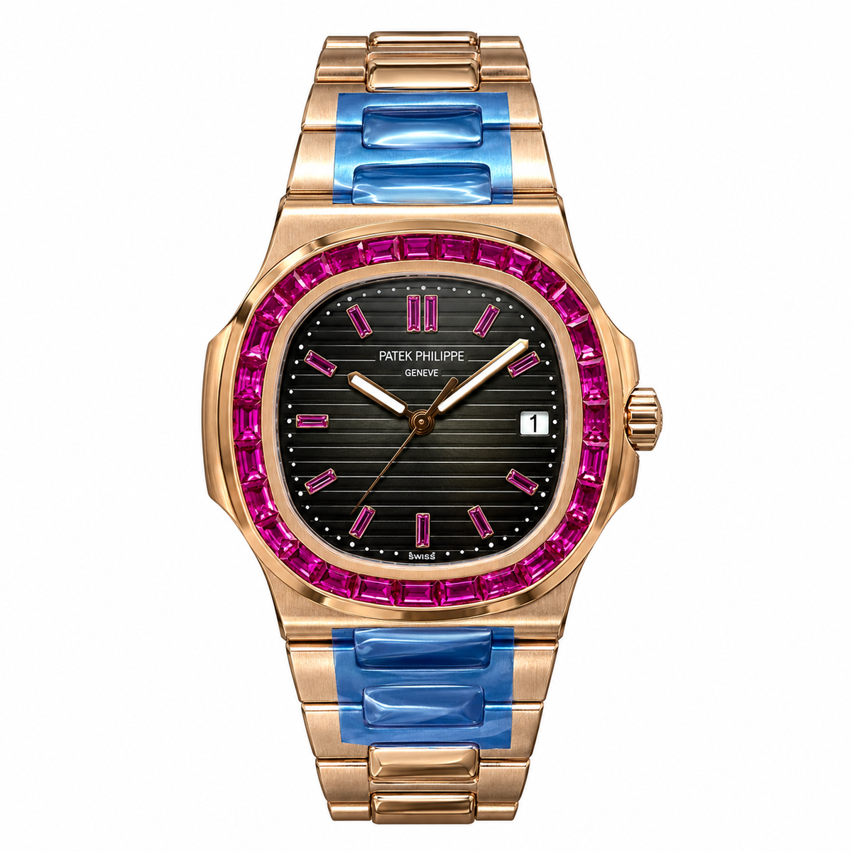 Patek Philippe Nautilus Rose Gold Ruby Baguette Black Dial Blue PVD Links