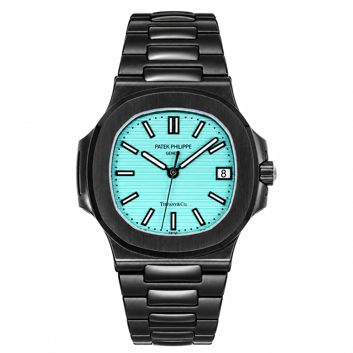 Patek Philippe Nautilus x Tiffany & Co. Custom DLC Black Tiffany Blue Dial Steel Bracelet Sapphire Caseback Date 40mm