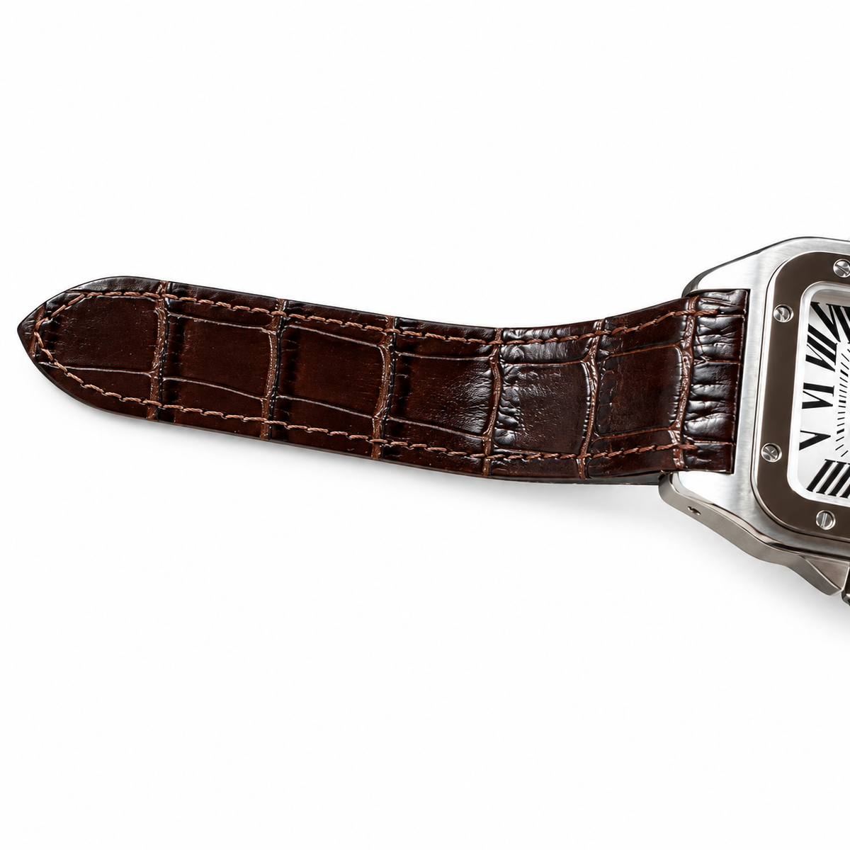 Cartier Santos 100 Steel Rose Gold Bezel White Dial Brown Alligator Watch