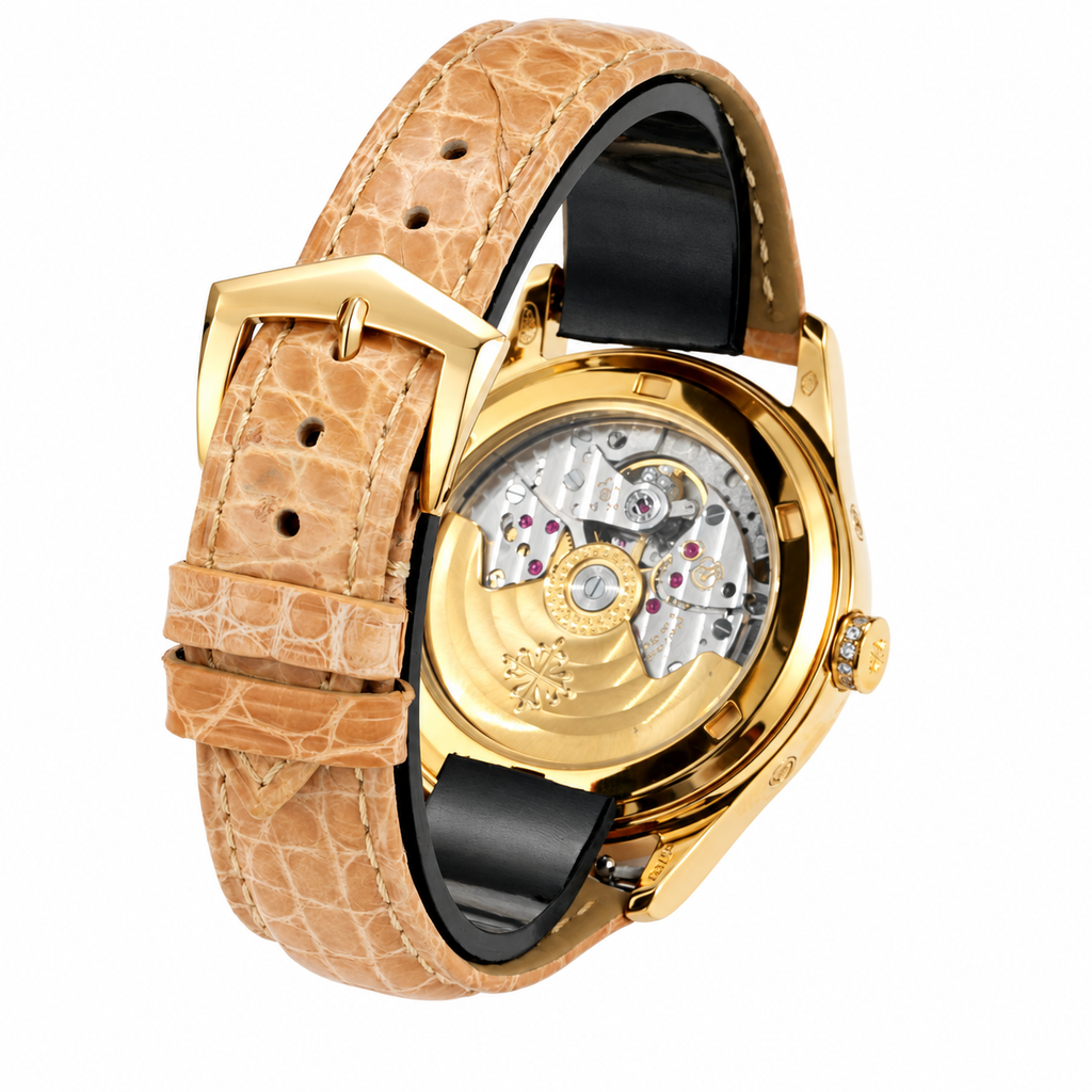 Patek Philippe Ladies Annual Calendar Yellow Gold Diamond Bezel Pink MOP Dial Roman Numerals Moon Phase Beige Strap 38mm