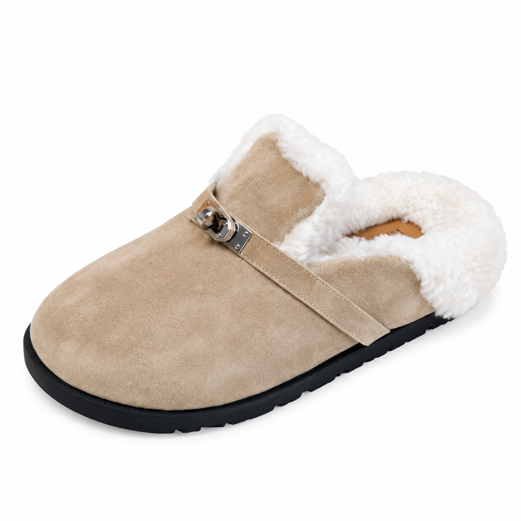 Hermès Beige Mule Shoes with Cream Plush Trim