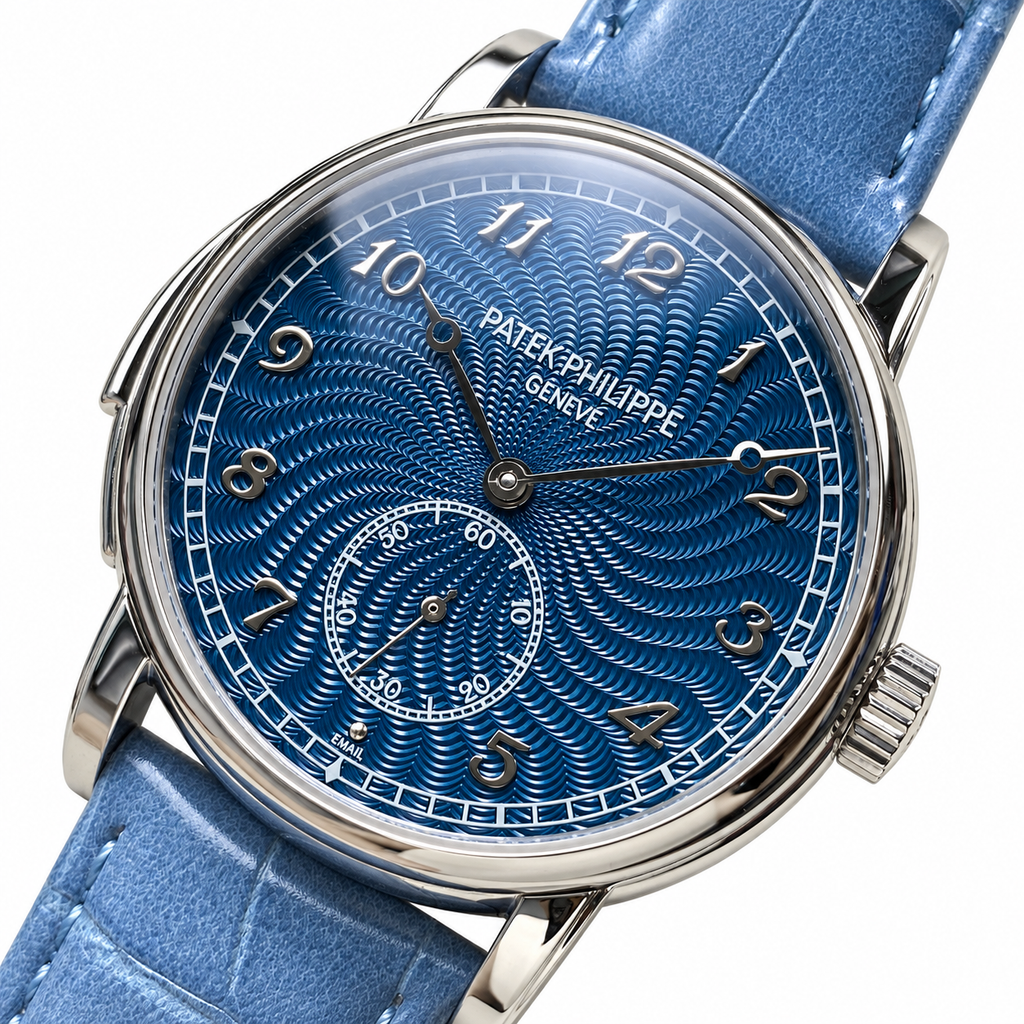 Patek Philippe Calatrava White Gold Blue Guilloché Enamel Dial Arabic Numerals Small Seconds Blue Strap 40mm